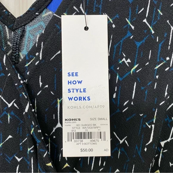 NWT🌺 Apt 9 black faux wrap geometric pattern dress with tie waist - Picture 5 of 9